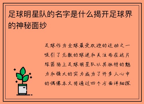 足球明星队的名字是什么揭开足球界的神秘面纱